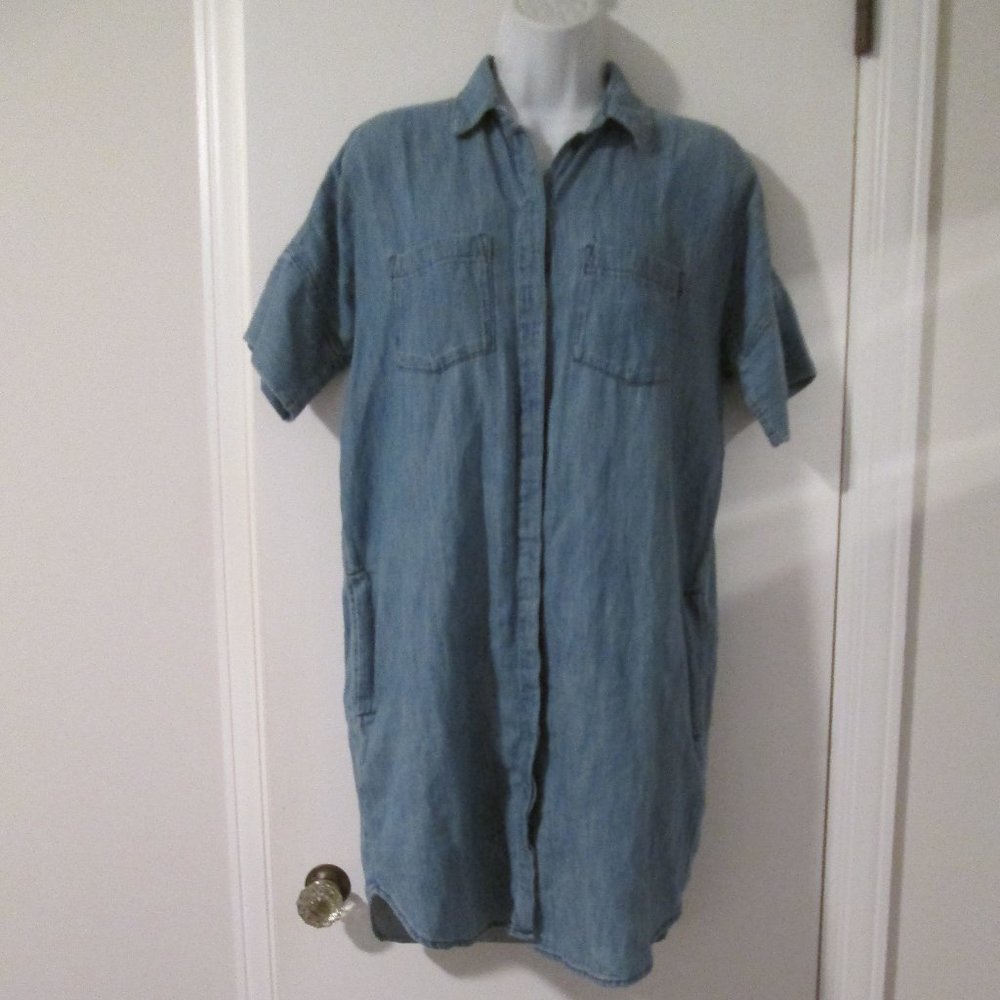 Madewell Blue Denim Chambray Cotton Linen Short Sleeve Button Front Shirt Dress